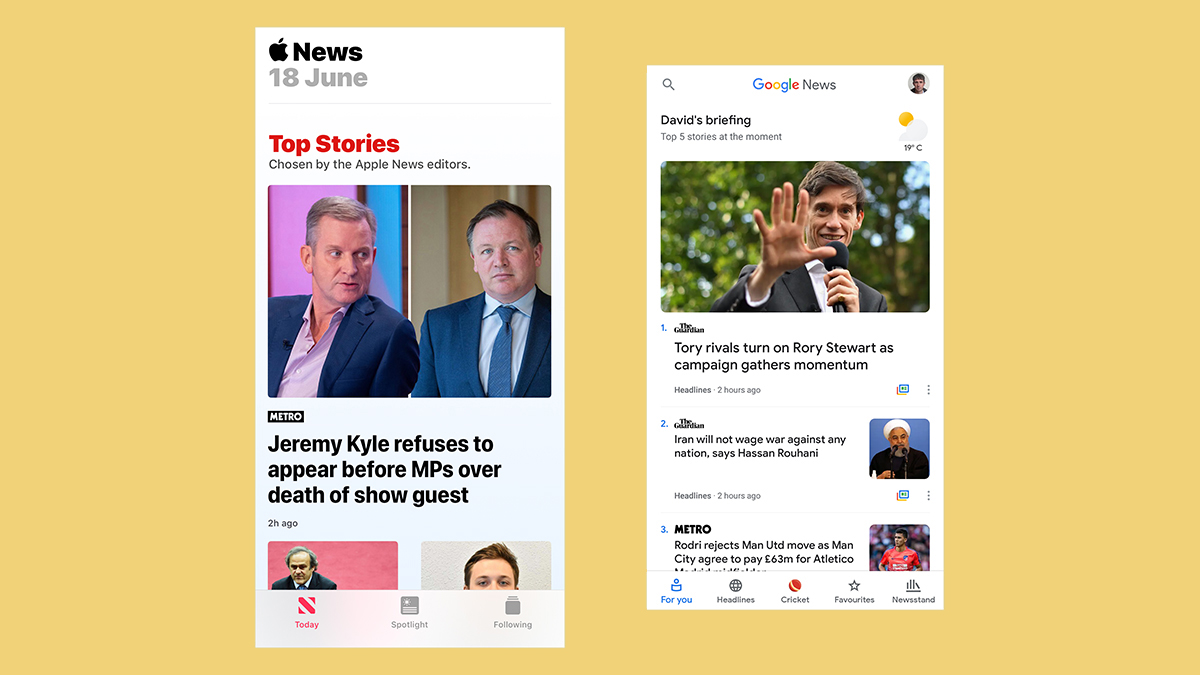 Apple News (left) and Google News (right).